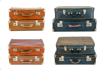 Collage of retro travel suitcases isolated on white
