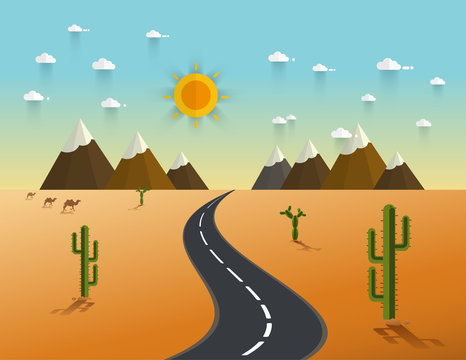 Road through a desert and mountains
