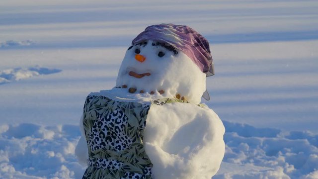 Closer look of the boobsy snowman with her apron on the body long carrot nose deep eyes and a hairdress on top