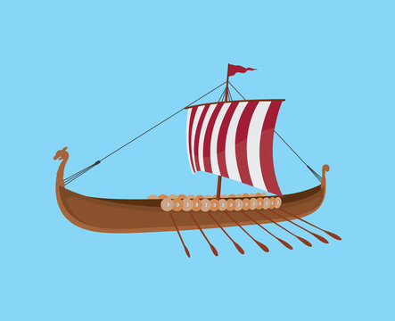 viking boat with blue background and red white sail vector graphic illustration