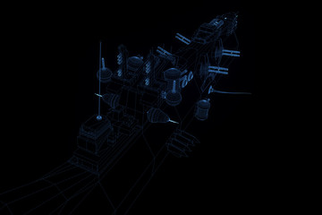 Futuristic Spaceship Destroyer Hologram Wireframe in Motion. Nice 3D Render
