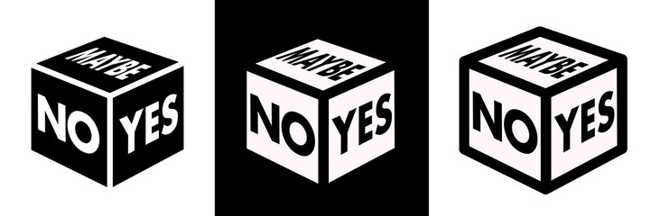 Cube with signs YES, NO, MAYBE. Metaphor of irresolution and indecision or expression of chance to succeed and fail. Tool to get over hesitation and do positive or negative decision 