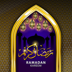 Ramadan greeting card on blue and black background. Vector illustration. Ramadan Kareem means Ramadan is generous.