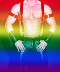 muscular male torso in leather with rainbow colors for gay pride