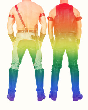 backside of two leathermen with rainbow colors for gay pride