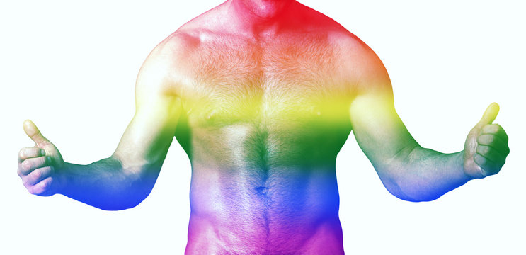 muscular male torso and rainbow colors for gay pride
