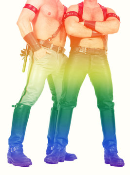 two leathermen with the rainbow colors for gay pride