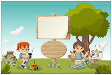 Obraz premium Wooden sign on colorful park with cartoon children playing. 