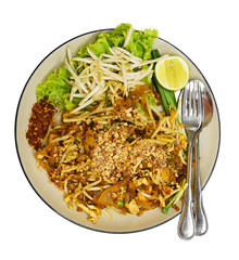 Pad thai, Thai food style noodles on dish isolated on white backgroun