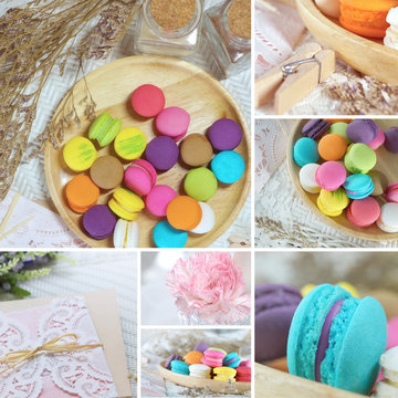 Collage of macaroons and decorative objects