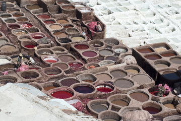 Workers Processing Hides In Colorful Tanning Pools At A Traditional Leather Tannery, Fes , Morocco,