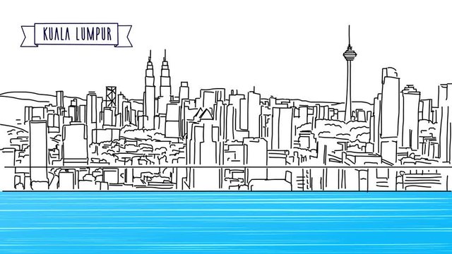 Kuala Lumpur Panorama, animated Shot, hand Drawn Sketch with Title