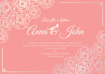 Wedding card - silver rose floral frame and old rose background vector template design