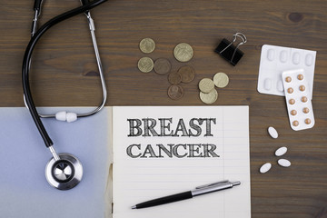 Doctor's desk with notebook and text - Breast Cancer
