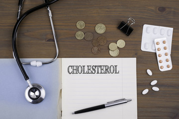 Doctor's desk with notebook and text - CHOLESTEROL