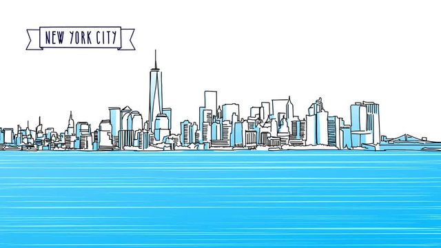 NYC Animated Panorama Sketch with Headline, Hand Drawn Artwork