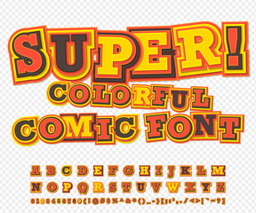 Yellow-red comic font, alphabet. Comics book, pop art
