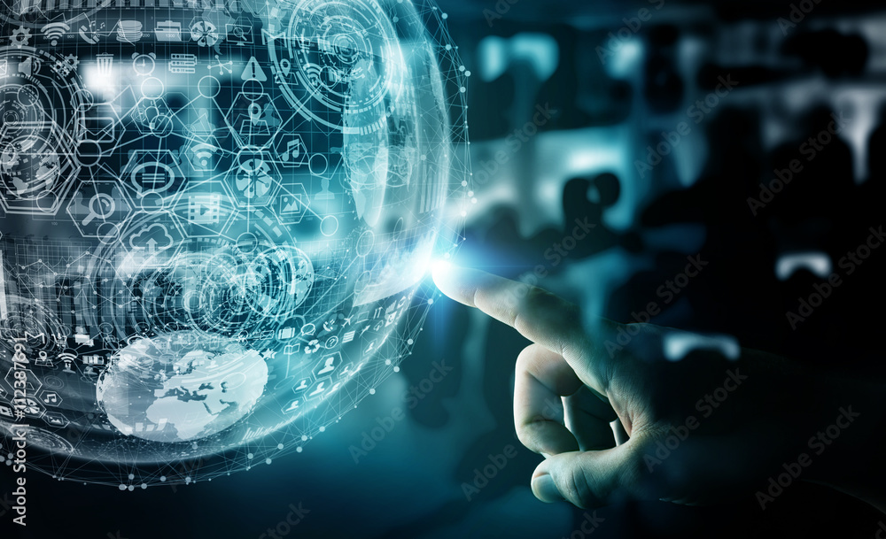 Poster Businessman using digital graph interface