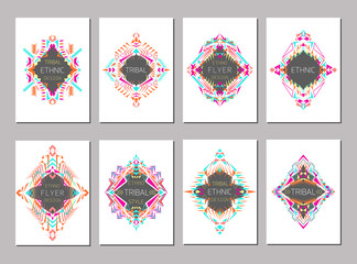 Vector set of geometric colorful brochure templates for business and invitation. Ethnic, tribal, aztec style. A4 layout format