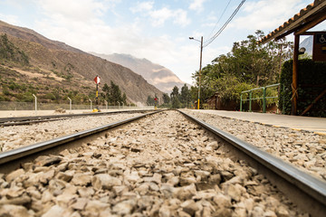 Peru, train station at Ollantaytambo, Pinkulluna Inca ruins