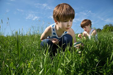 Two Little Curious Boys Exploring The Beauty Of Nature On Green Field At Spring Time 