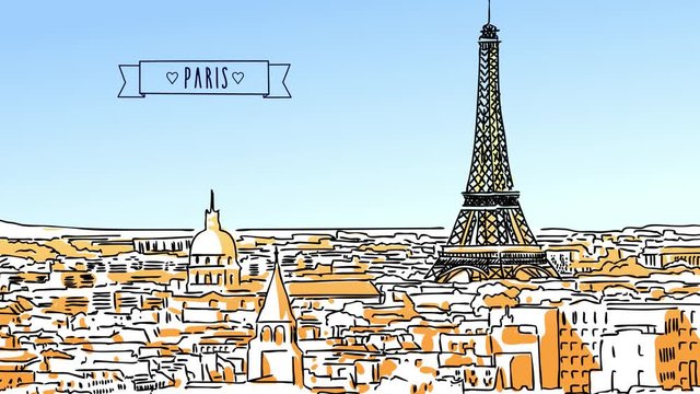 Roofs of Paris Hand-drawn animated Artwork, Outline Sketched Landmark