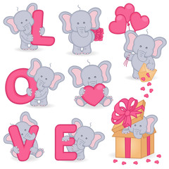 collection of cute valentine elephant - vector illustration, eps