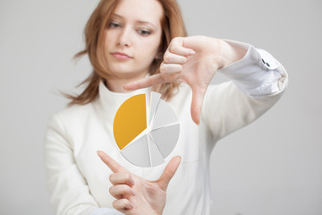 Woman shows a pie chart, circle diagram. Business analytics concept.