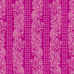 Seamless vector striped paisley pattern. Ethnic floral motif with stripes of flowers and blocks, primitive oriental elements, ecru on fuchsia background.