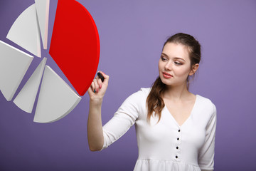 Woman shows a pie chart, circle diagram. Business analytics concept.