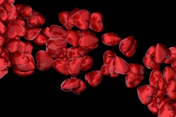 Abstract 3D render of red glossy hearts against black background