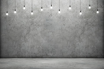 Concrete wall and floor with glowing light bulbs. 3D illustration