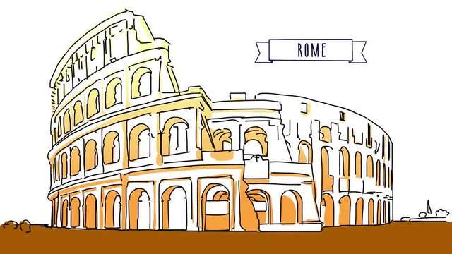 Rome Colloseum animated Outline Sketch, Hand-drawn illustrative Footage
