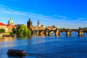 Pargue, view of the Lesser Bridge Tower and Charles Bridge (Karluv Most), Czech Republic.