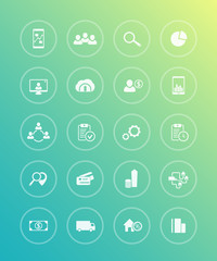 20 business, commerce, trading icons in circles, vector illustration