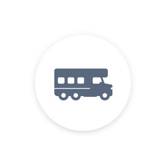 camping truck icon, camper, camping vehicle pictogram, round icon, icon isolated on white, vector illustration