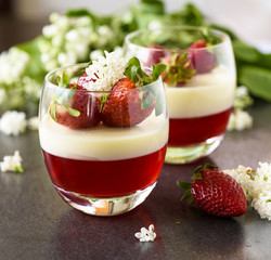 Spring dessert pannacotta with strawberries and flowers