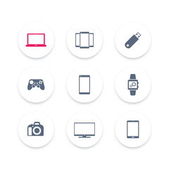 Gadgets icons set (laptop, tablet, camera, smartphone, smart watch icon), vector illustration