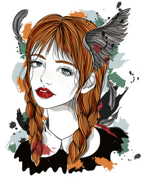 Portrait of beautiful girl with feathers in her hair. Red-haired girl with wings. Fashion illustration on abstract background. Print for T-shirt
