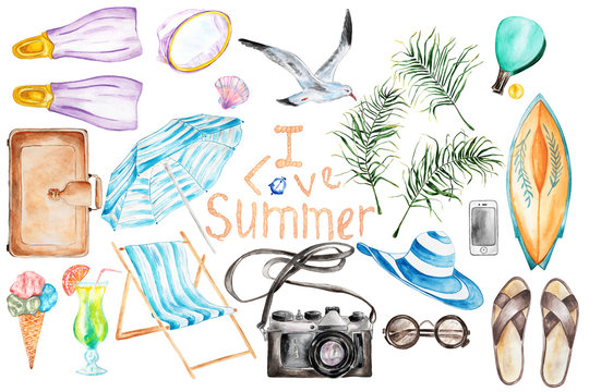 Summer`s vacation hand drawn watercolor set.Isolated objects.