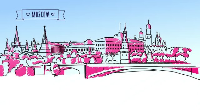 Moscow Skyline with Kreml Animation, Hand Drawn Animated Sketch.
