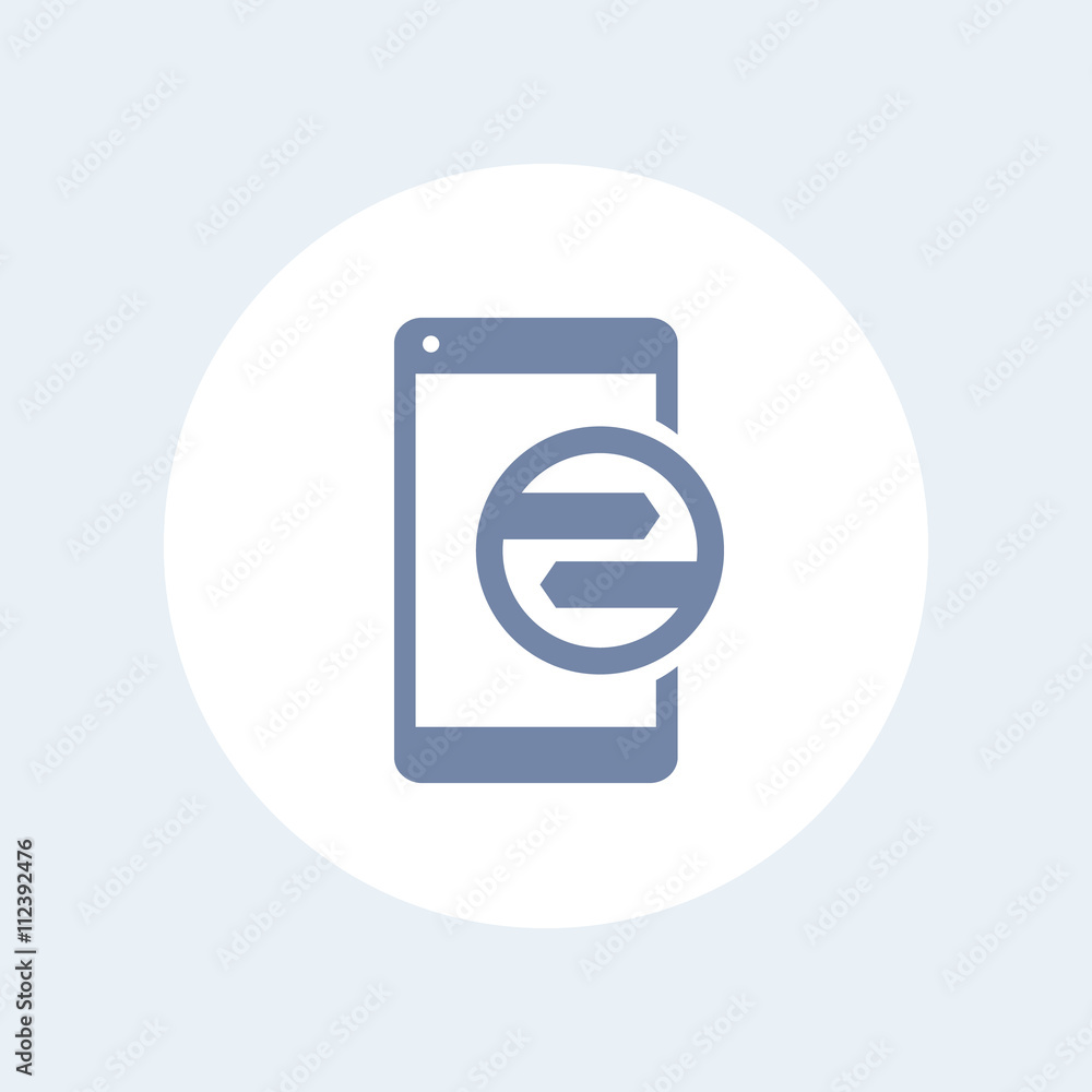 Poster synchronization with smartphone icon, data transfer linear pictogram isolated on white, vector illus