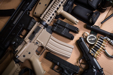 Assault rifle, gun, knife with sheath, compass