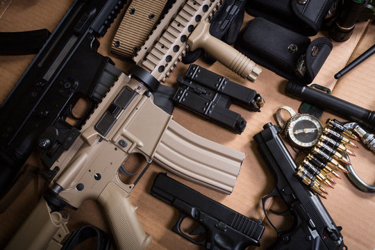 Assault rifle, gun, knife with sheath, compass