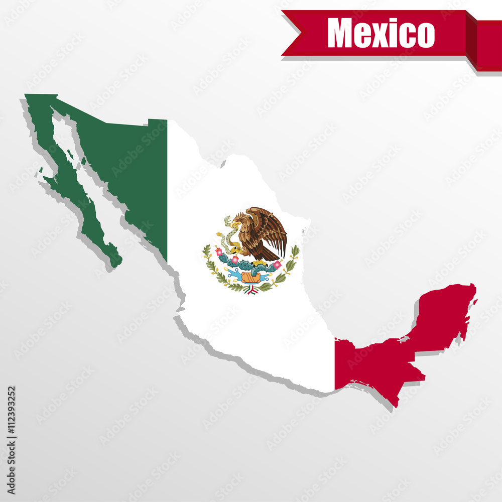 Poster Mexico map with flag inside and ribbon