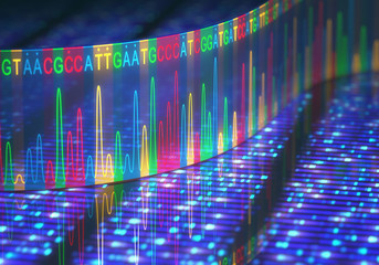 Sanger Sequencing. 3D illustration of a method of DNA sequencing. - 112394636