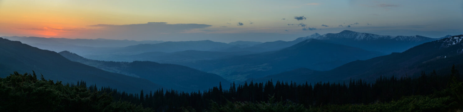 Carpathian mountains at sunrise - panorama