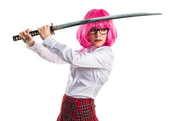 Girl with pink hair holding a katana