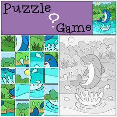 Education games for kids. Puzzle. Little cute dolphin jumps out of the water and smiles.