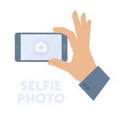 Man taking selfie photo on smart phone. Flat isolated on white background vector design element for web infographic, presentation. Selfie concept illustration of hand holding a smartphone and shooting